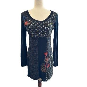 Kessley Y2K Black Sweater Dress Embroidered Popcorn Knit Whimsygoth Artsy Large